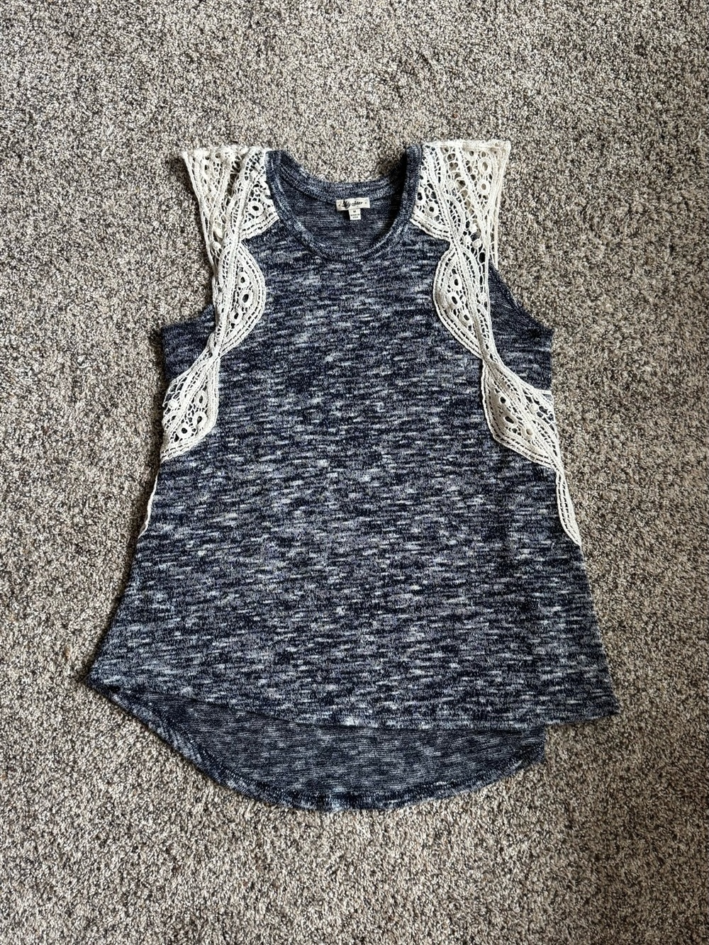 Lily Star Navy Heather Tank with Cream Crochet Trim